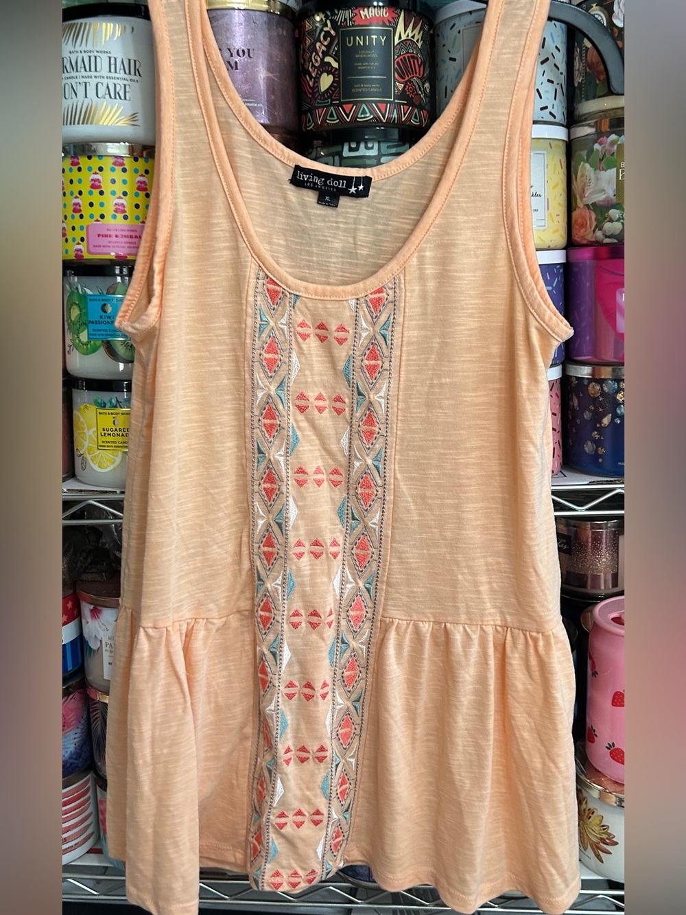 living doll Peach Embroidered Peplum Tank Top-nwot